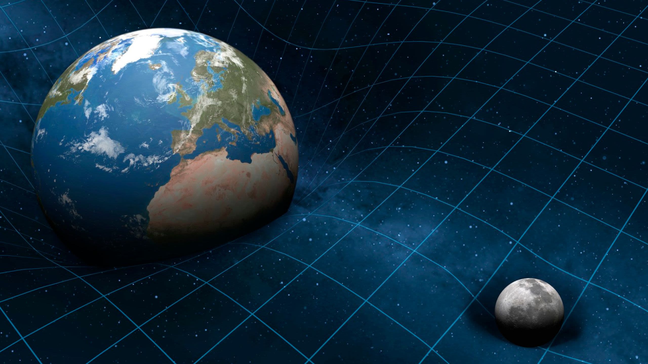 Spacetime curving around the Earth and the Moon