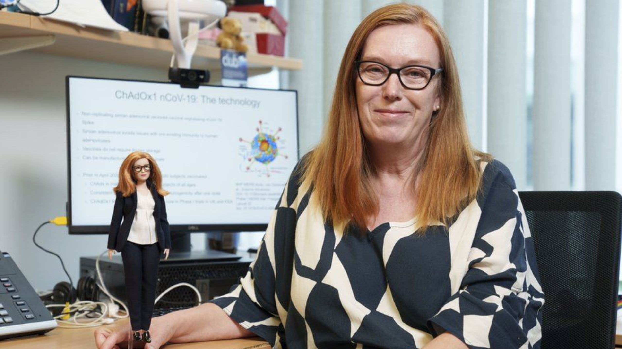 Professor Dame Sarah Gilbert with the Barbie Doll made in her honour
